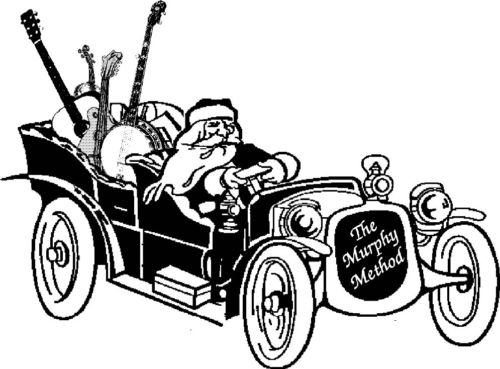 Santa driving an antique car with bluegrass instruments in the back.